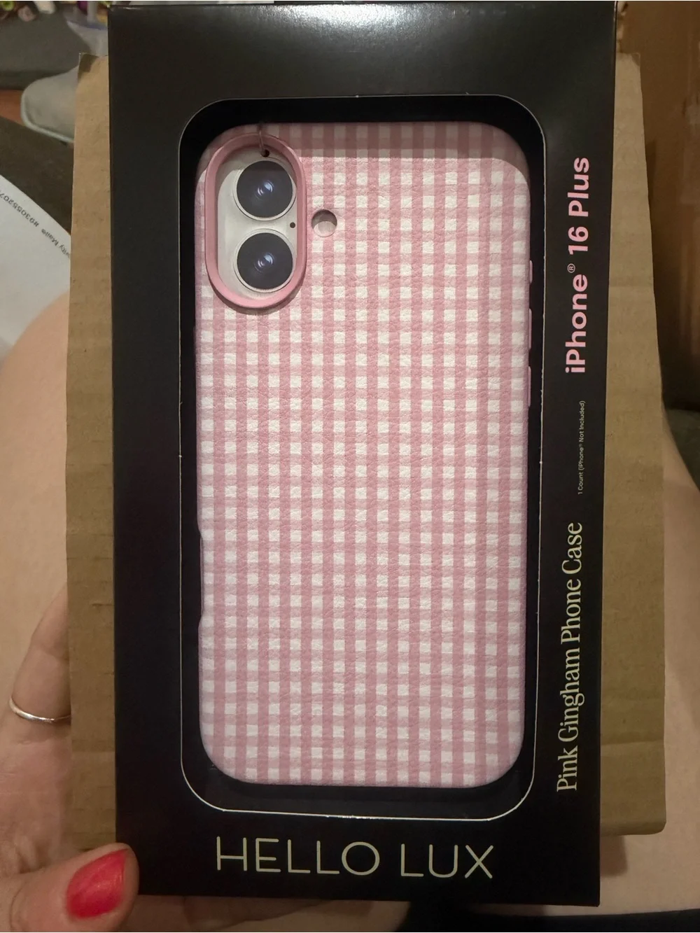 Hello Lux Phone Case IPhone 16 Plus Pink Gingham Dual Layer Shockproof Cover